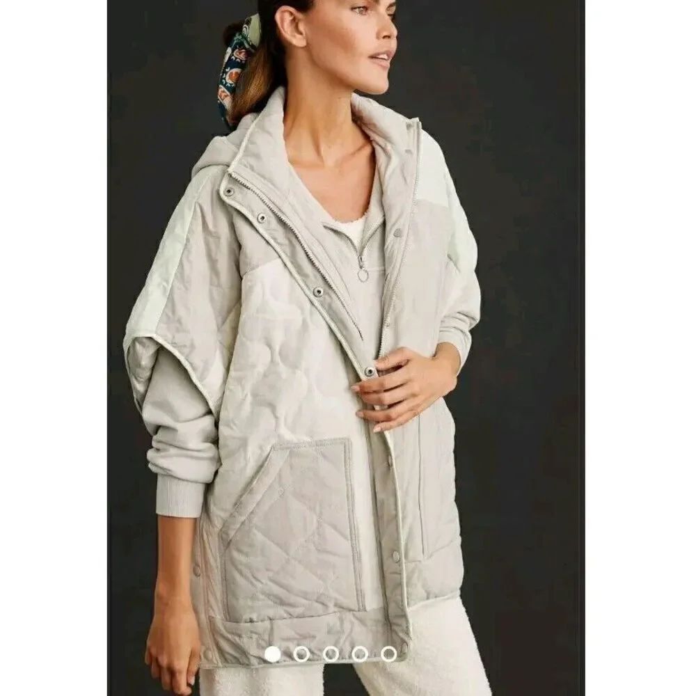 Anthropologie Daily Practice Colorblock Puffer Poncho Gray Light Green L/XL